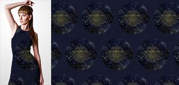 10007v Materiał ze wzorem okręgi z liniową grafiką stylizowaną na układ słoneczny z gwiazdami